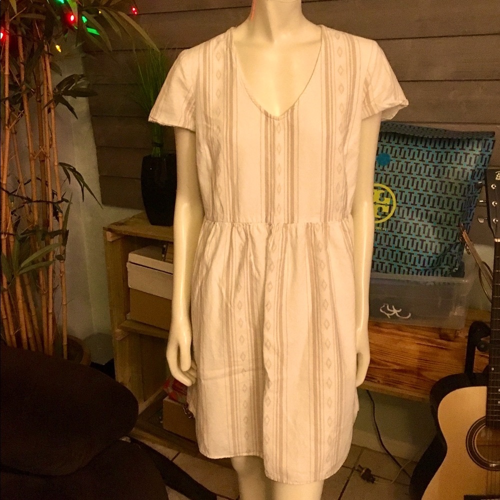 Old Navy Cream & Tan Cotton V-Neck Dress Sz Large - Picture 1 of 5